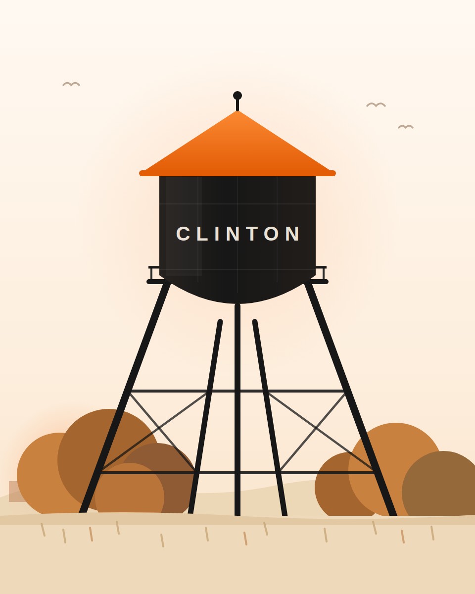 Illustration of a water tower over Clinton, Tennessee